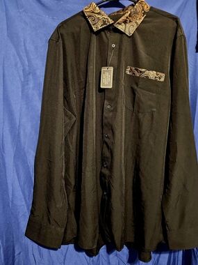 Dibangu Black Button-Up Shirt with Gold Paisley Collar & Pocket Trim XXL
